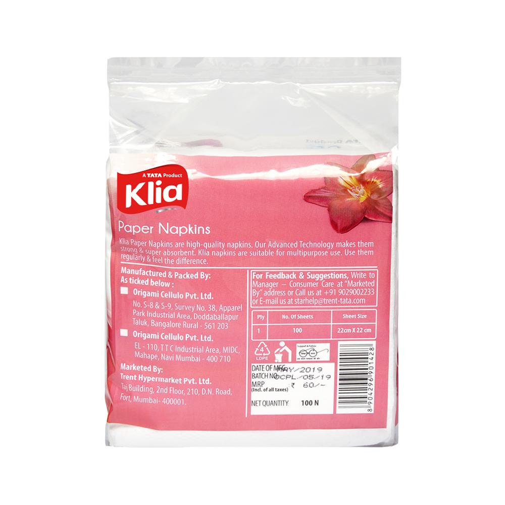 Klia Paper Napkin 1Ply 22X22 pack of 100 pulls