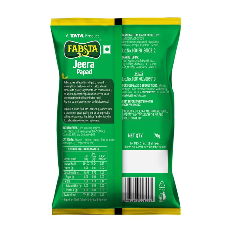 Fabsta Jeera Papad 70 g
