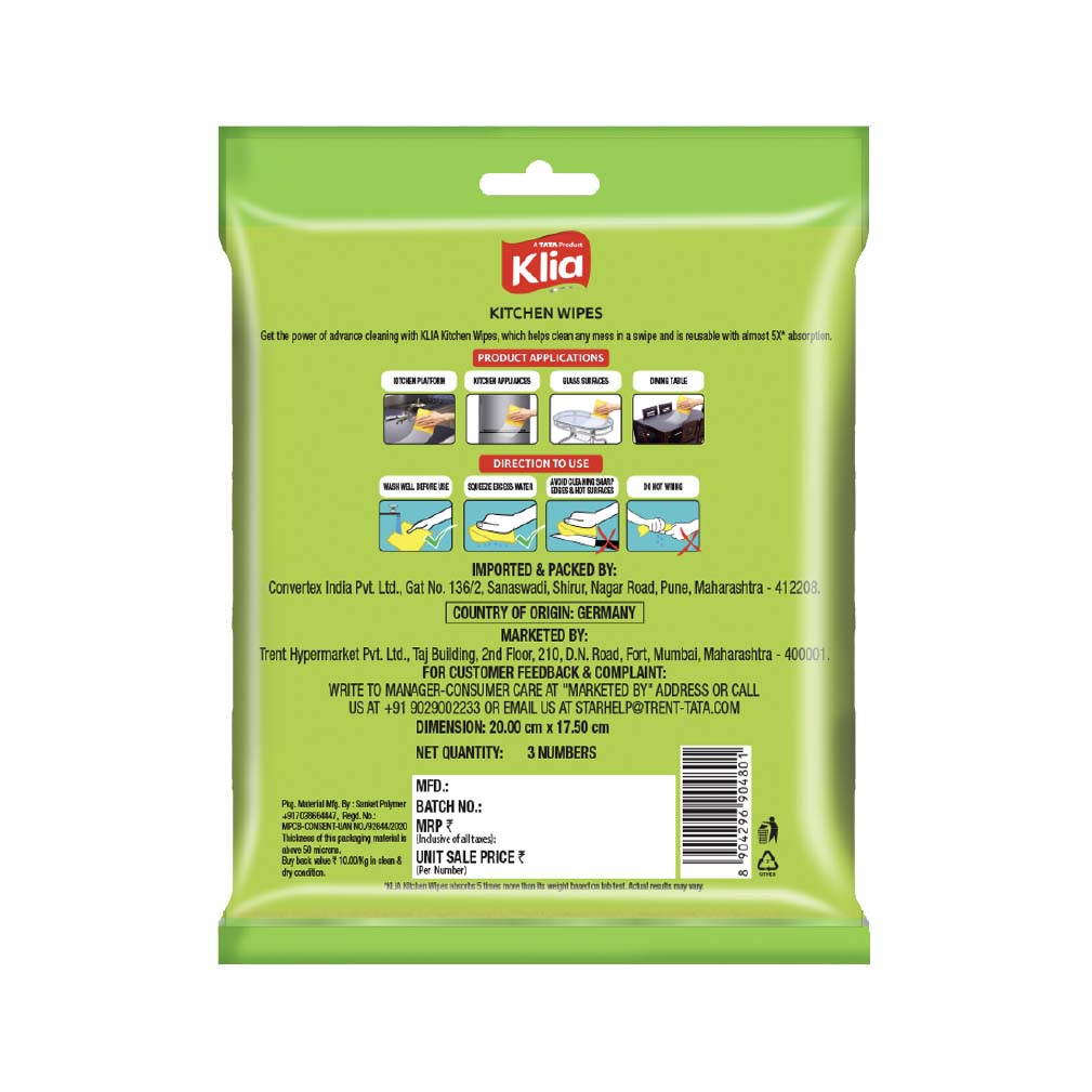 Klia Kitchen Wipes, 18x20 mm, Pack of 1