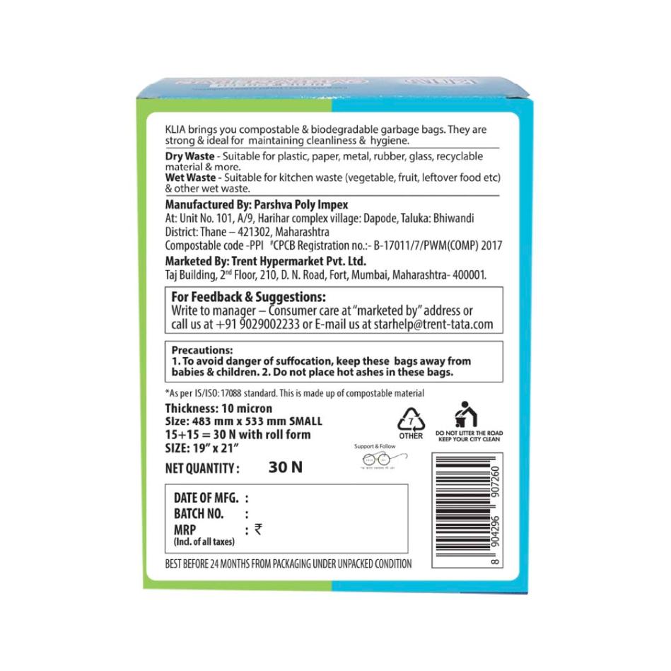 Klia Compostable Garbage Bag Small Combi pack of 15