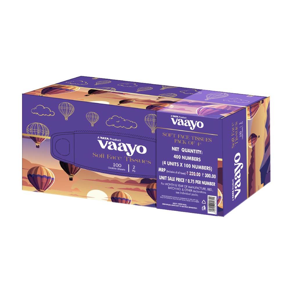 Vaayo Face Tissues 100 Pulls 4In1 400 pulls