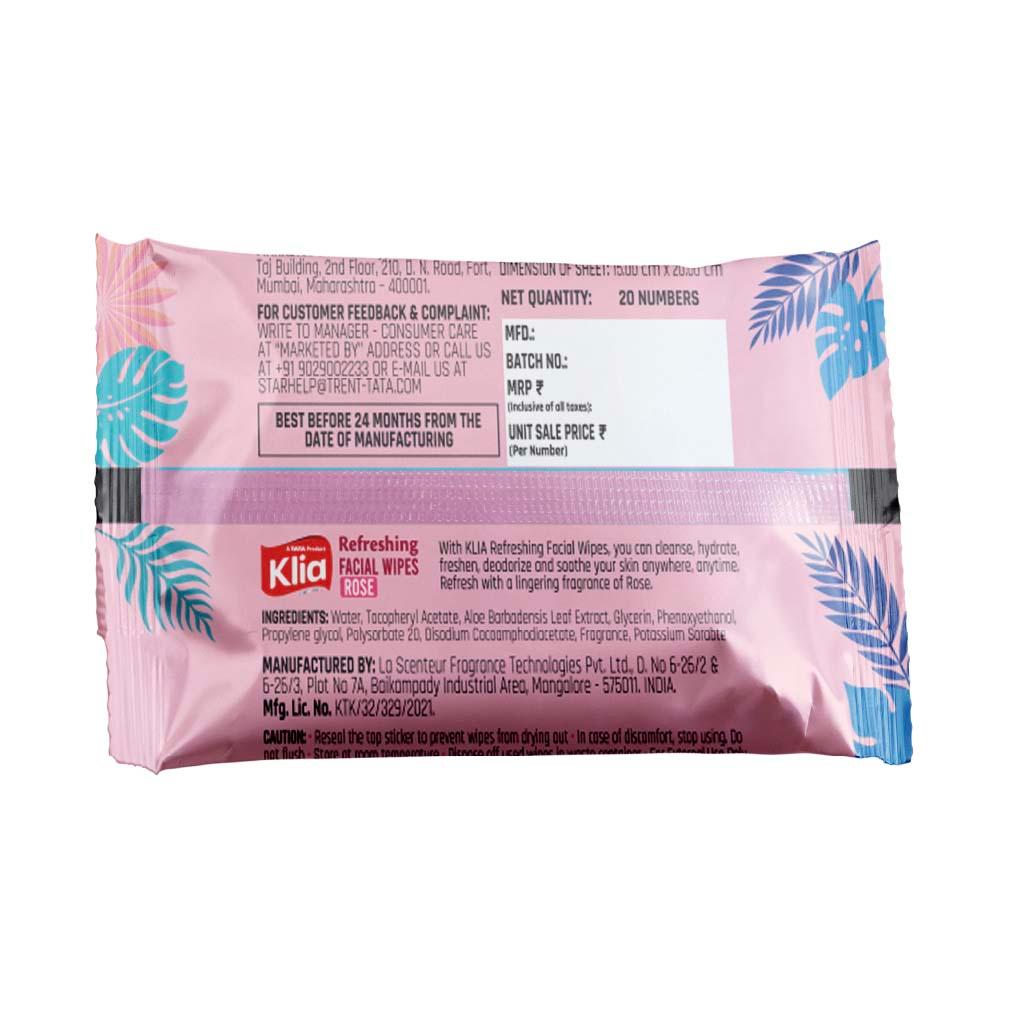 Klia Facial Wipes Rose pack of 20