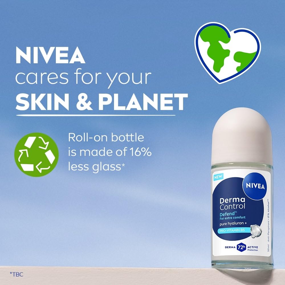 Nivea Derma Control Defend, 0% Alcohol, Pure Hyaluron & ProVitB5, Underarm RollOn Women 50 ml
