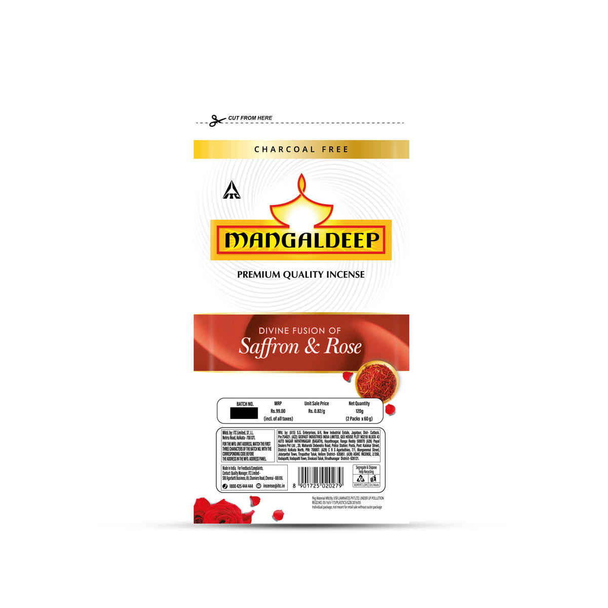 Mangaldeep Rose Saffron Incense Stcks Ziplock Pack 120 g