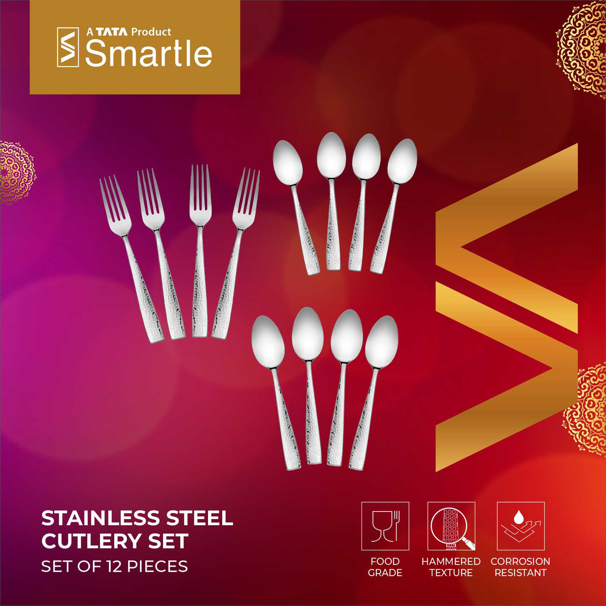 Smartle Stainless Steel Hammered Cutlery Set Of 12 Pcs