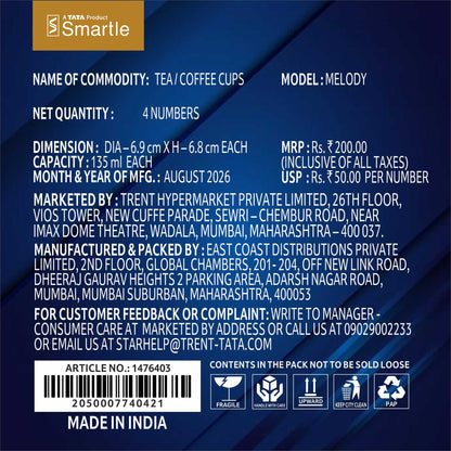 Smartle Melody Tea Coffee Mug 135 Ml Set Of 4 Pcs