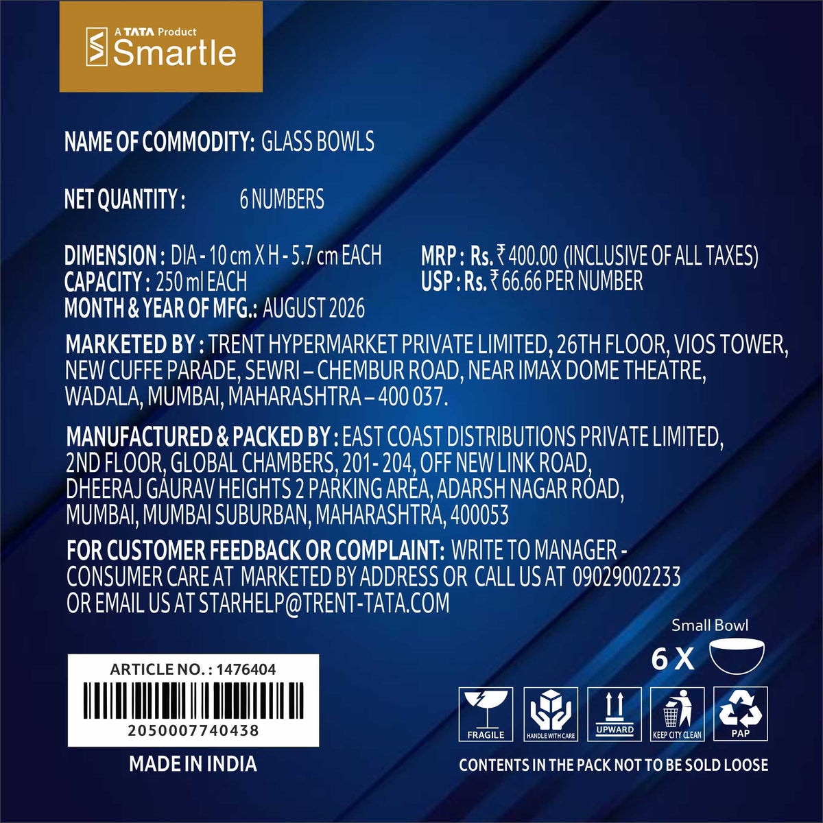 Smartle Eva Glass Bowl Set Of 6 Pcs