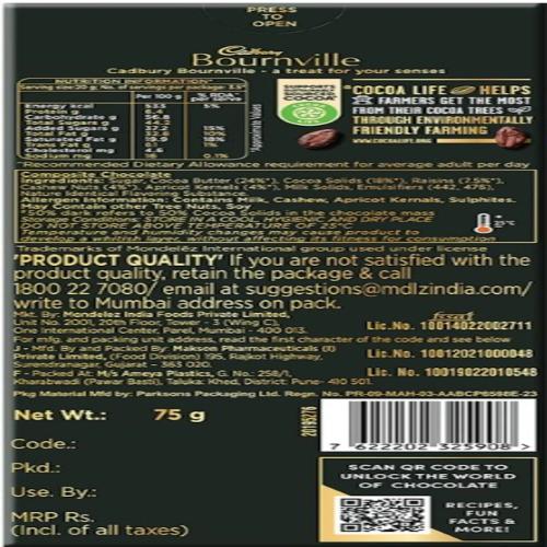 Cadbury Bournville Risin And Nut 80 gm