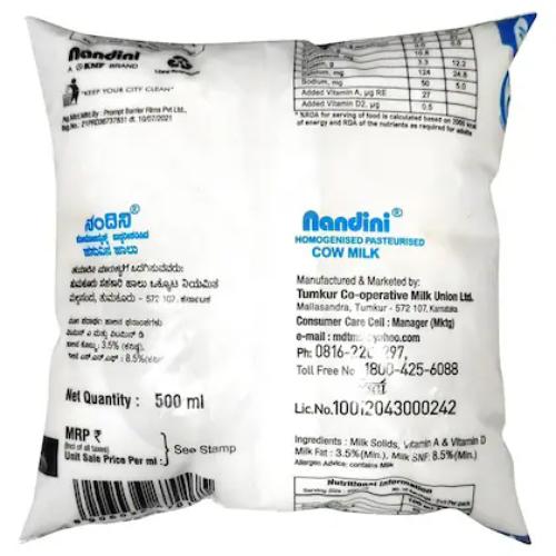 Nandini Homogenised Cow Milk Pouch 500 ml