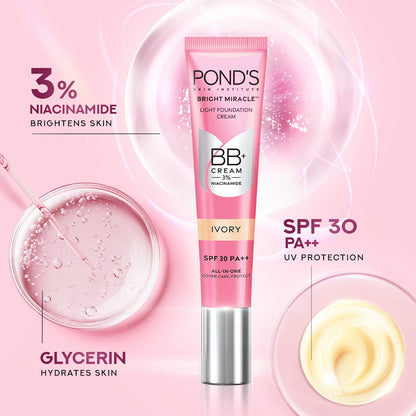 Ponds Bb+ Cream, Instant Spot Coverage + Light Make-Up Glow, Ivory 18 gm