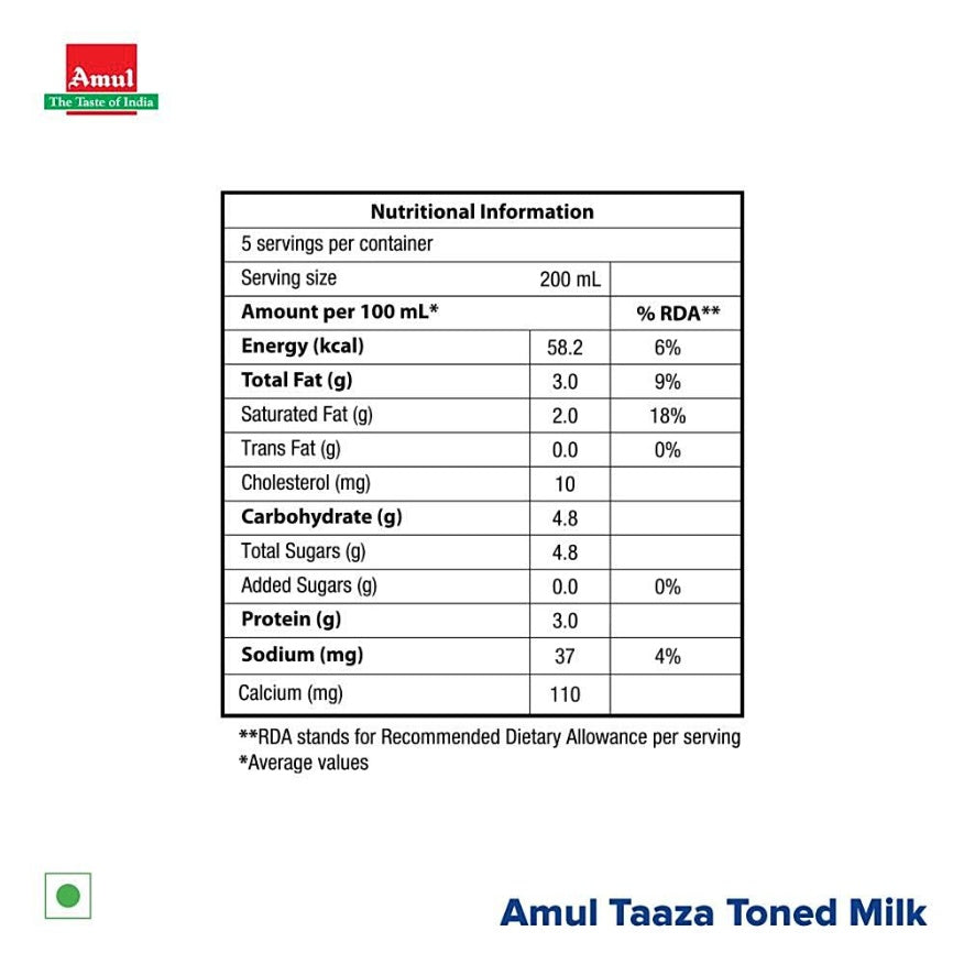 Amul Taaza Toned Milk Tetrapack 1 ltr