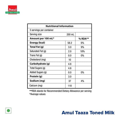 Amul Taaza Toned Milk Tetrapack 1 ltr
