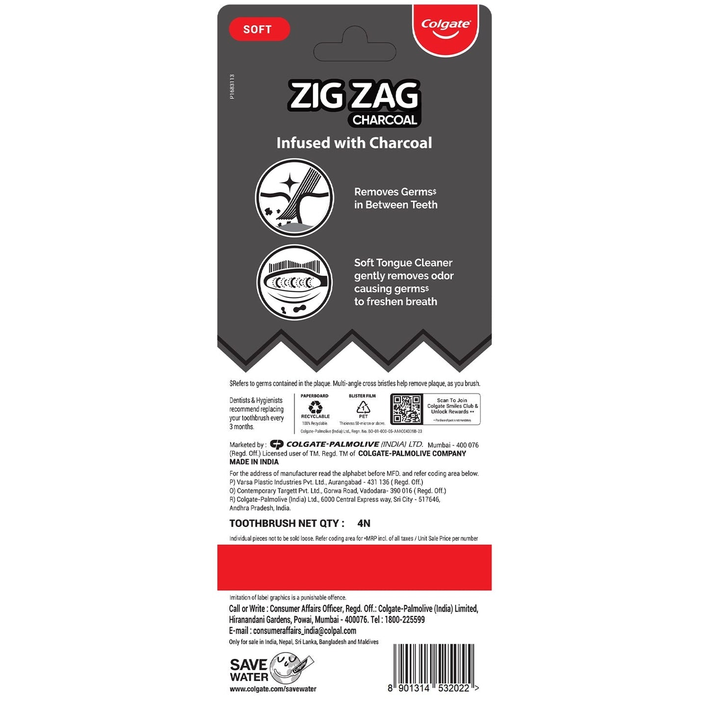 Colgate Zig Zag Black Toothbrush Soft 4 pcs