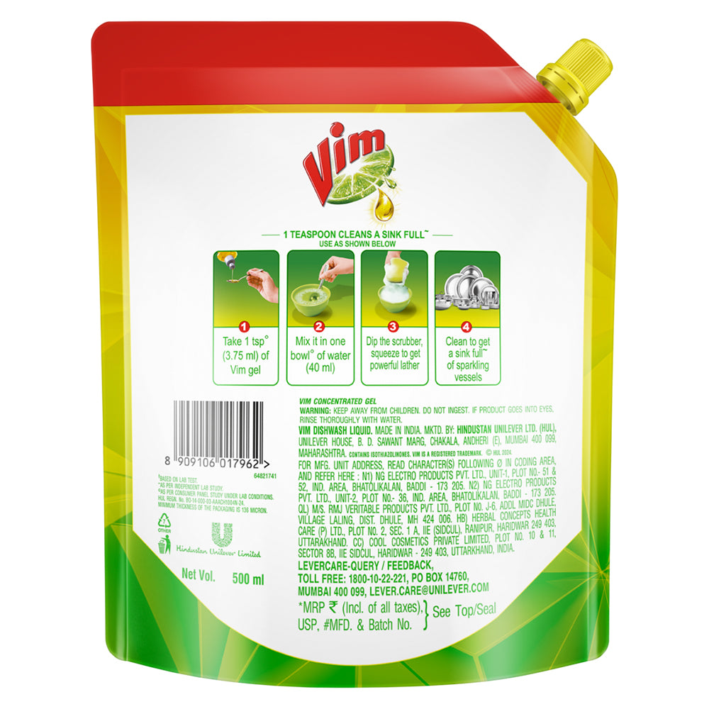 Vim Dishwash Liquid Gel Lemon Refill Pouch 500 ml