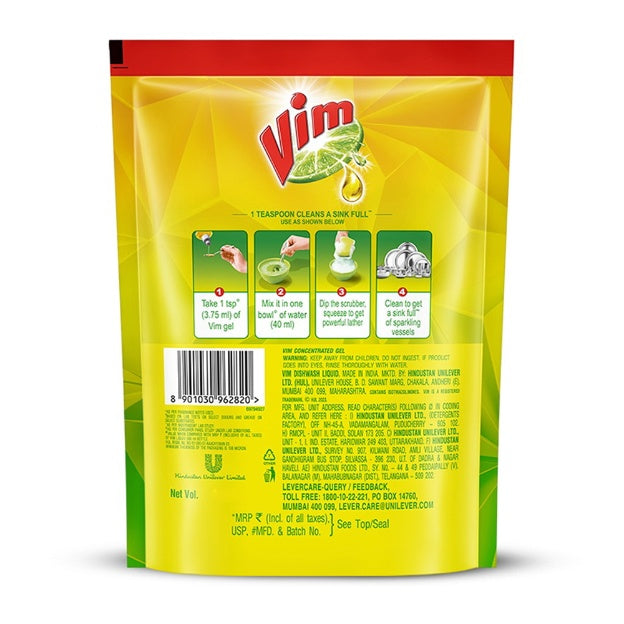 Vim Dishwash Liquid Gel Lemon Refill Pouch 500 ml