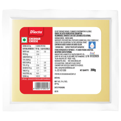 D'Lecta Natural Cheddar Cheese 200 gm
