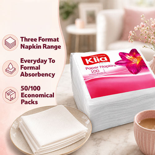 Klia Paper Napkin 1Ply, Pack of 100 Pulls (27 cm x 30 cm)