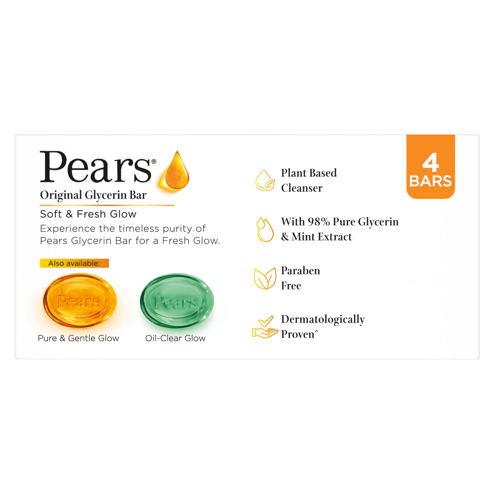 Pears Soft & Fresh Bathing Bar With 0.98 Pure Glycerine & Mint Extracts-For Fresh Glow 4x125 gm