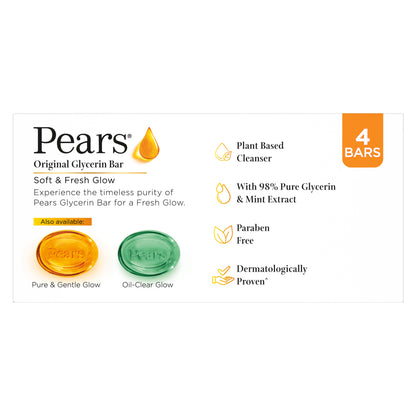 Pears Soft & Fresh Bathing Bar With 0.98 Pure Glycerine & Mint Extracts-For Fresh Glow 4x125 gm