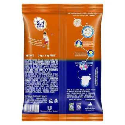 Surf Excel Quick Wash Detergent Powder 3 kg + 1 kg free