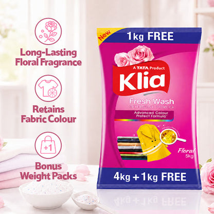 Klia Floral Detergent Powder, 4 kg +1 Kg Free