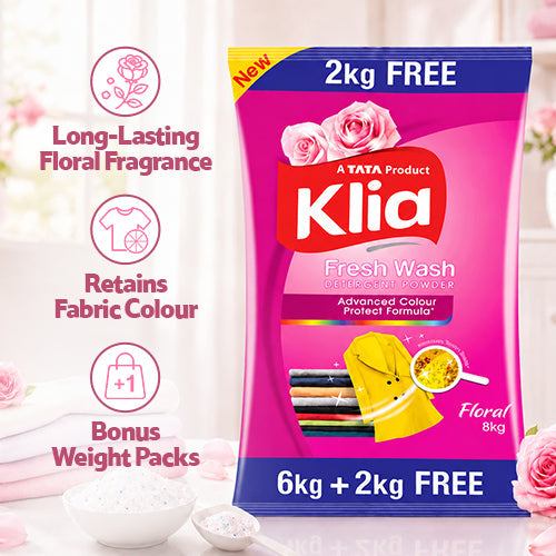 Klia Floral Detergent Powder, 6 Kg + 2 Kg Free