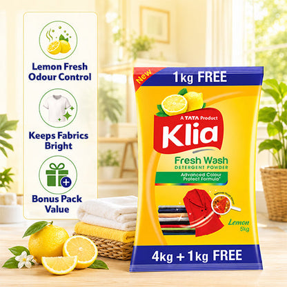 Klia Lemon Detergent Powder, 4 Kg + 1 Kg Free