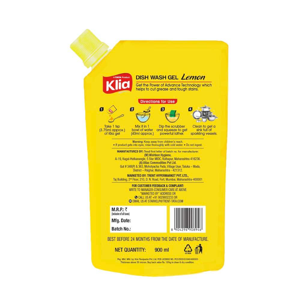Klia Dishwash Gel Pouch, 900 ml