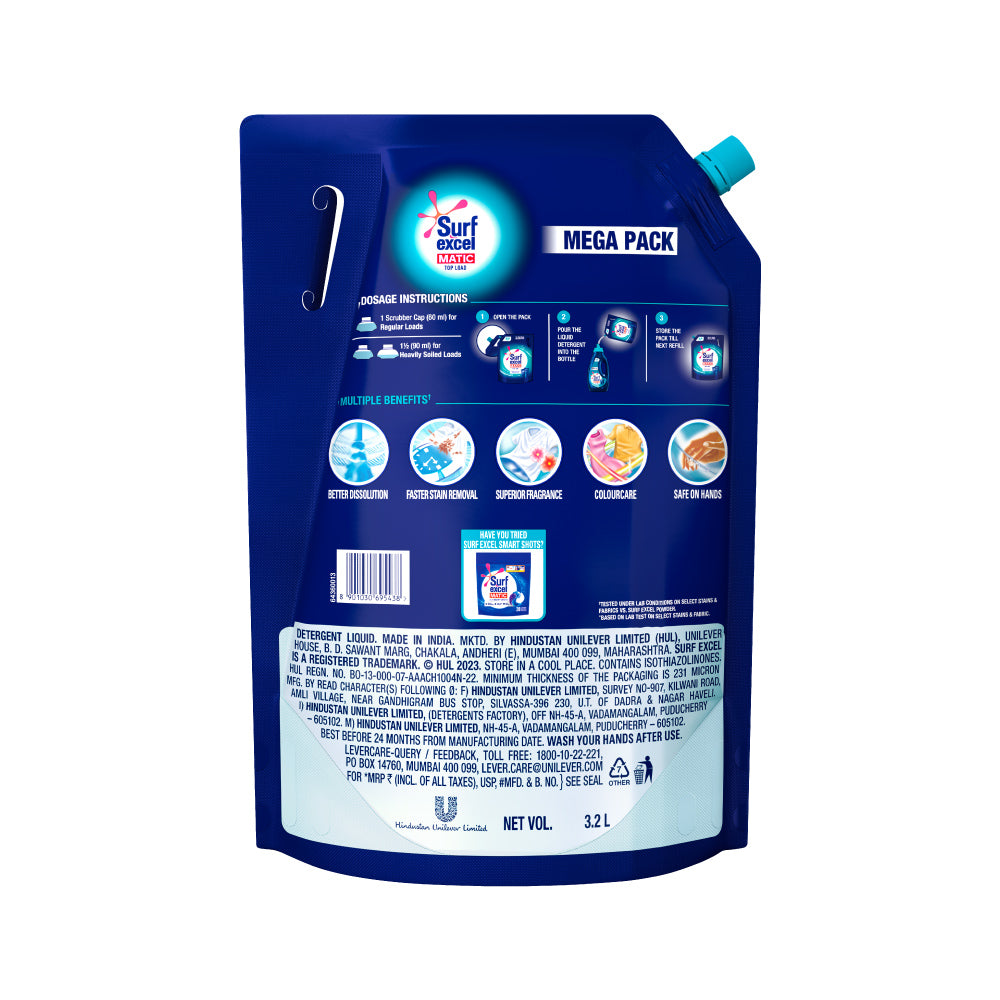 Surf Excel Matic Liquid Detergent Top Load Pouch 3.2 ltr