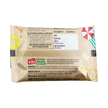 Klia Facial Wipes Green Apple pack of 20