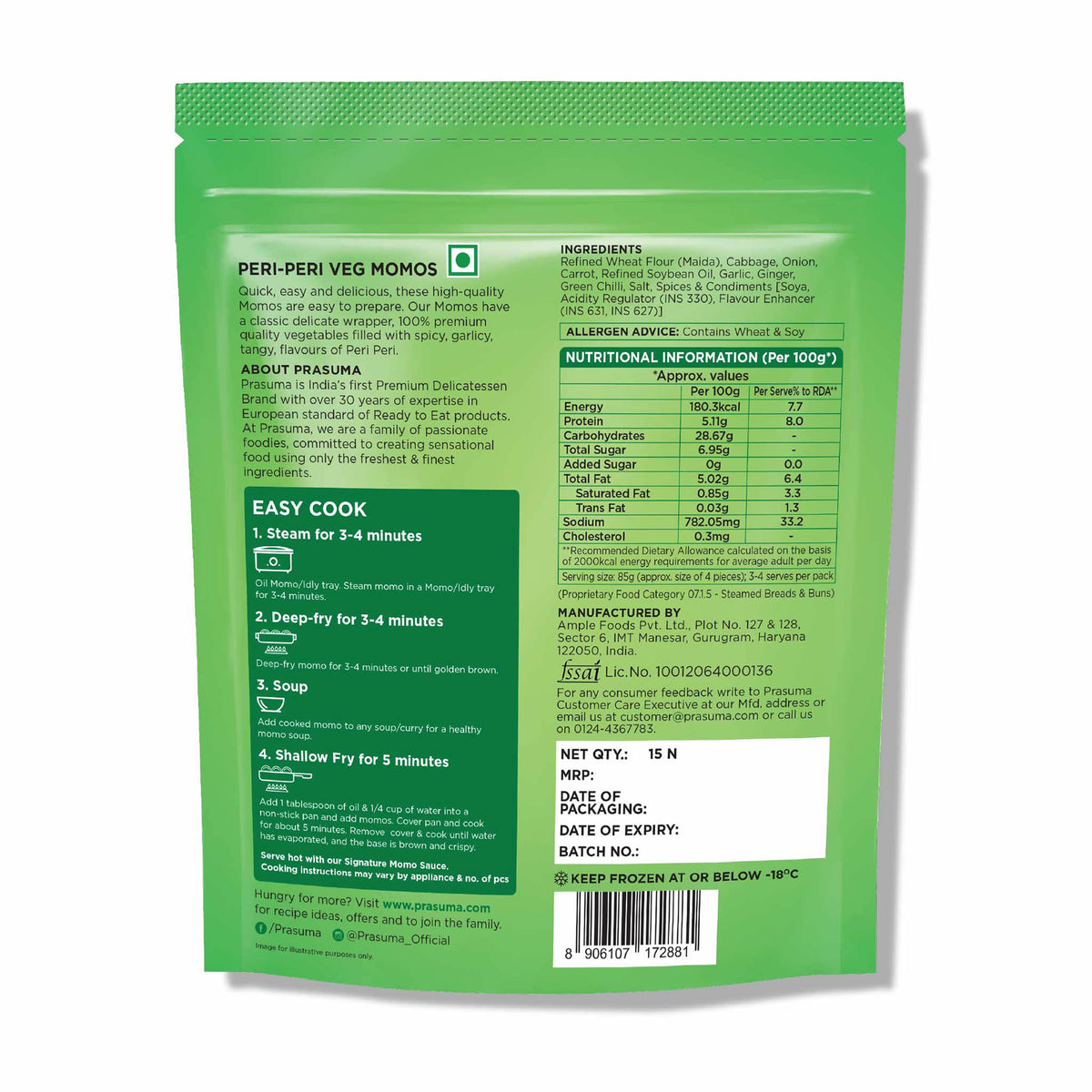 Prasuma Periperi Veg Momos 15 Pcs 250 g