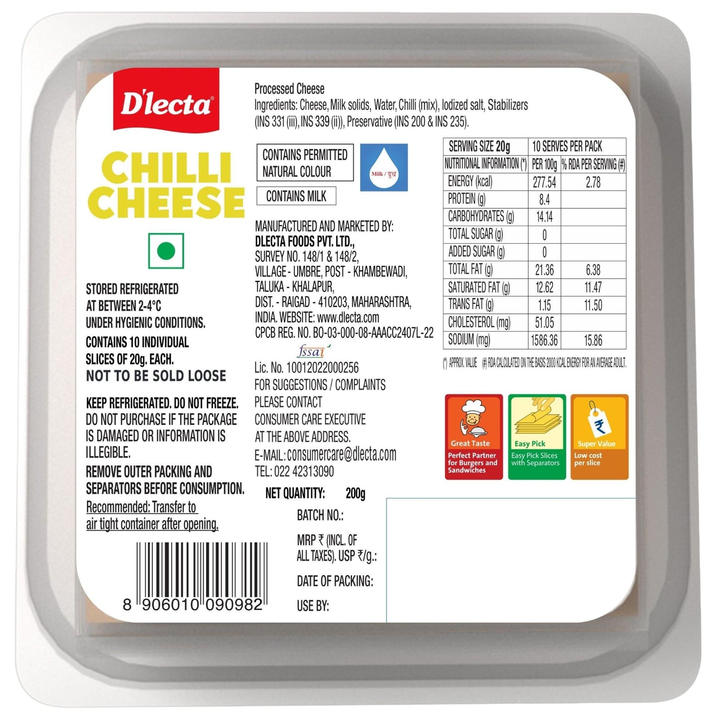 D'Lecta Chilli Cheese Slice 200 gm