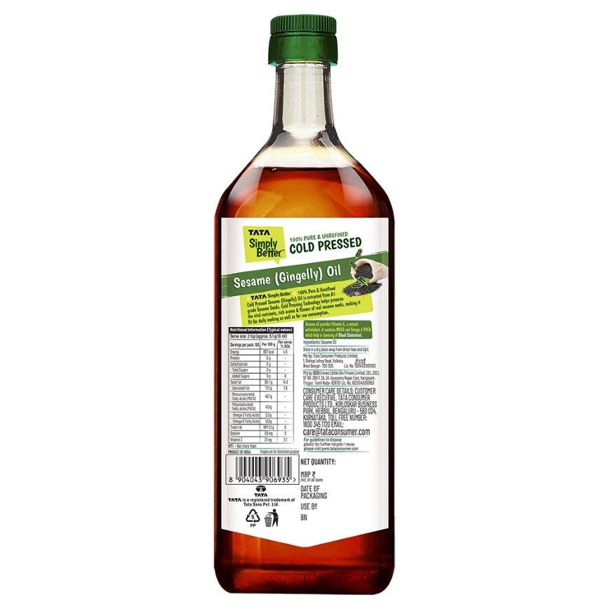 Tata Simply Better Pure & Unrefined Cold Pressed Sesame (Gingelly) Oil 1 ltr