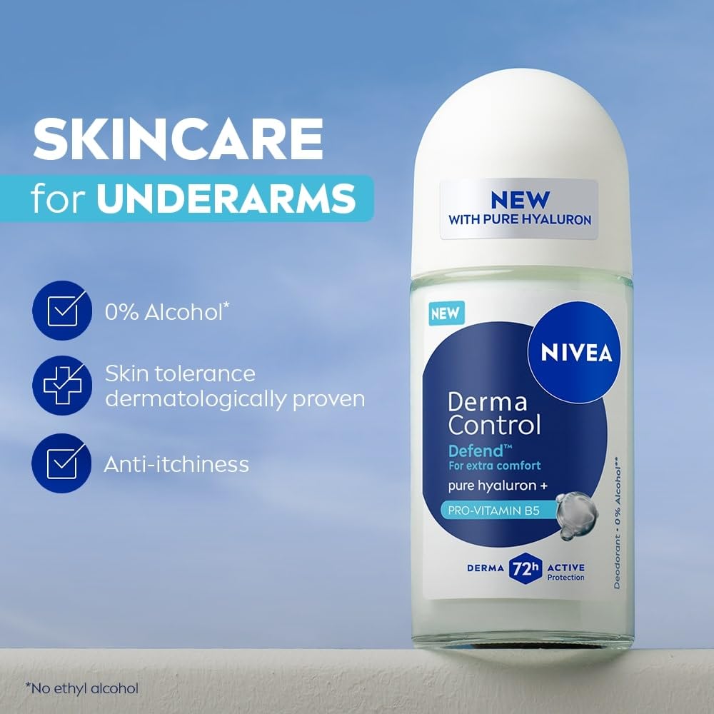 Nivea Derma Control Defend, 0% Alcohol, Pure Hyaluron & ProVitB5, Underarm RollOn Women 50 ml
