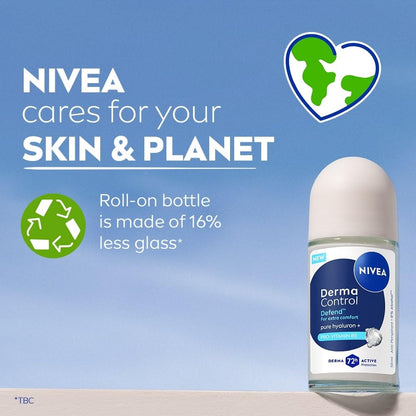 Nivea Derma Control Defend, 0% Alcohol, Pure Hyaluron & ProVitB5, Underarm RollOn Women 50 ml