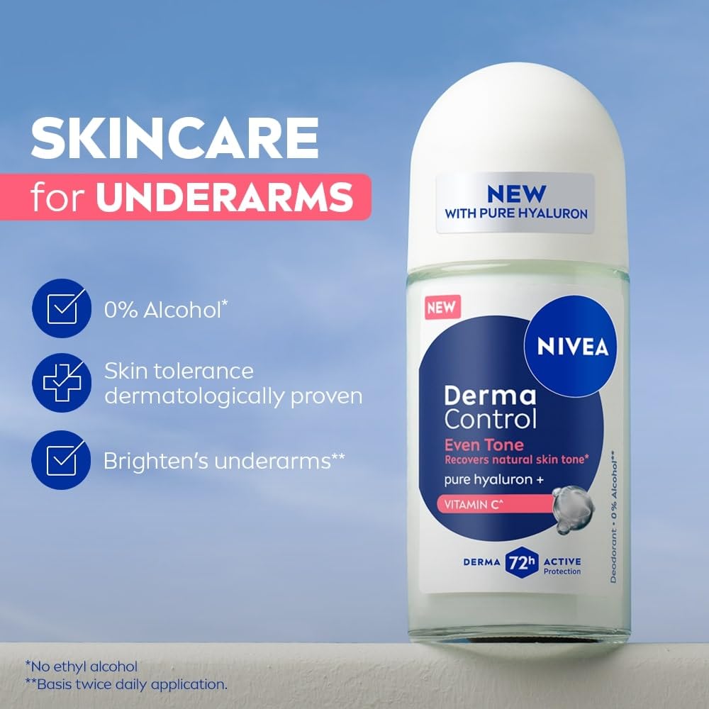 Nivea Derma Control Eventone, 0% Alcohol, Pure Hyaluron &Vit C, Underarm Roll On Women 50 ml