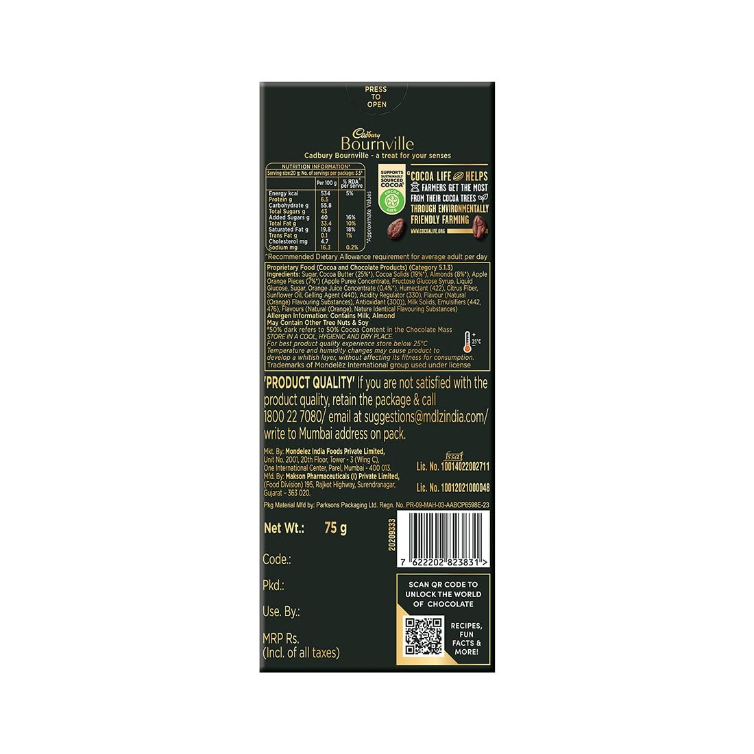 Cadbury Bournville Orange 50% Dark Chocolate Bar 75 g