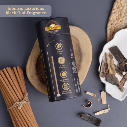 Mangaldeep Scent Premium Bambooless Dhoop Sticks Black Oud Ceramic Stand Inside with Essential Oils 28 Sticks