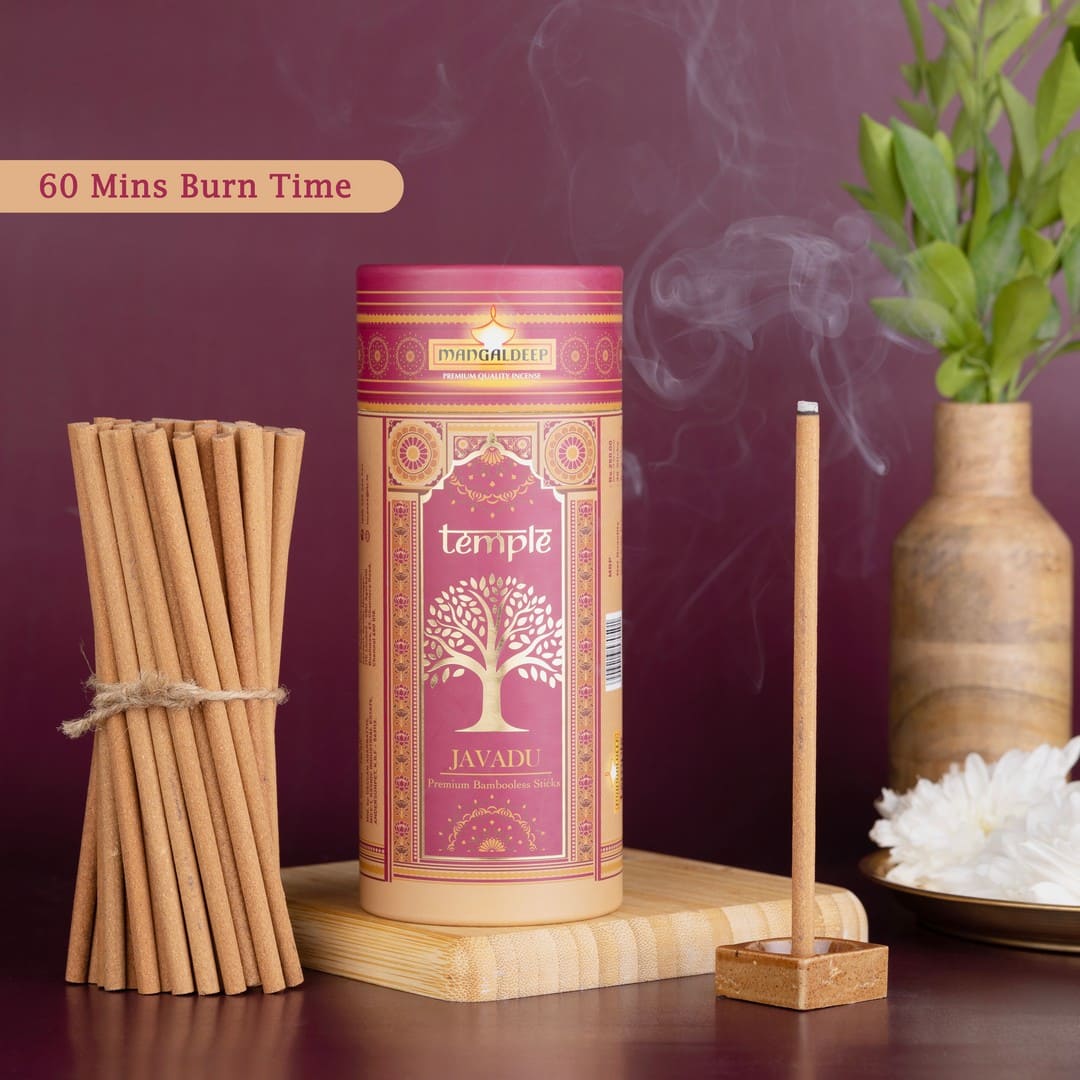 Mangaldeep Temple Premium Bambooless Dhoop Sticks Javadu Ceramic Stand Inside with Essential Oils 28 Sticks