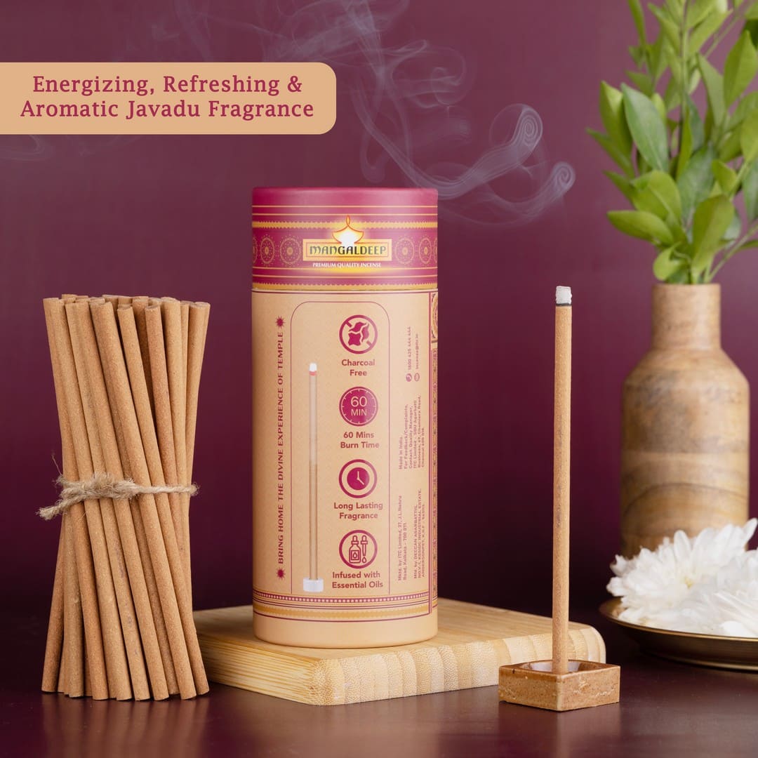 Mangaldeep Temple Premium Bambooless Dhoop Sticks Javadu Ceramic Stand Inside with Essential Oils 28 Sticks