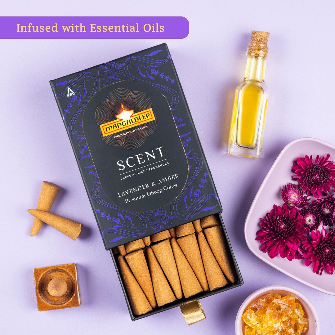 Mangaldeep Scent Premium Bambooless Dhoop Cones with Lavender and Amber fragrances 40 cones