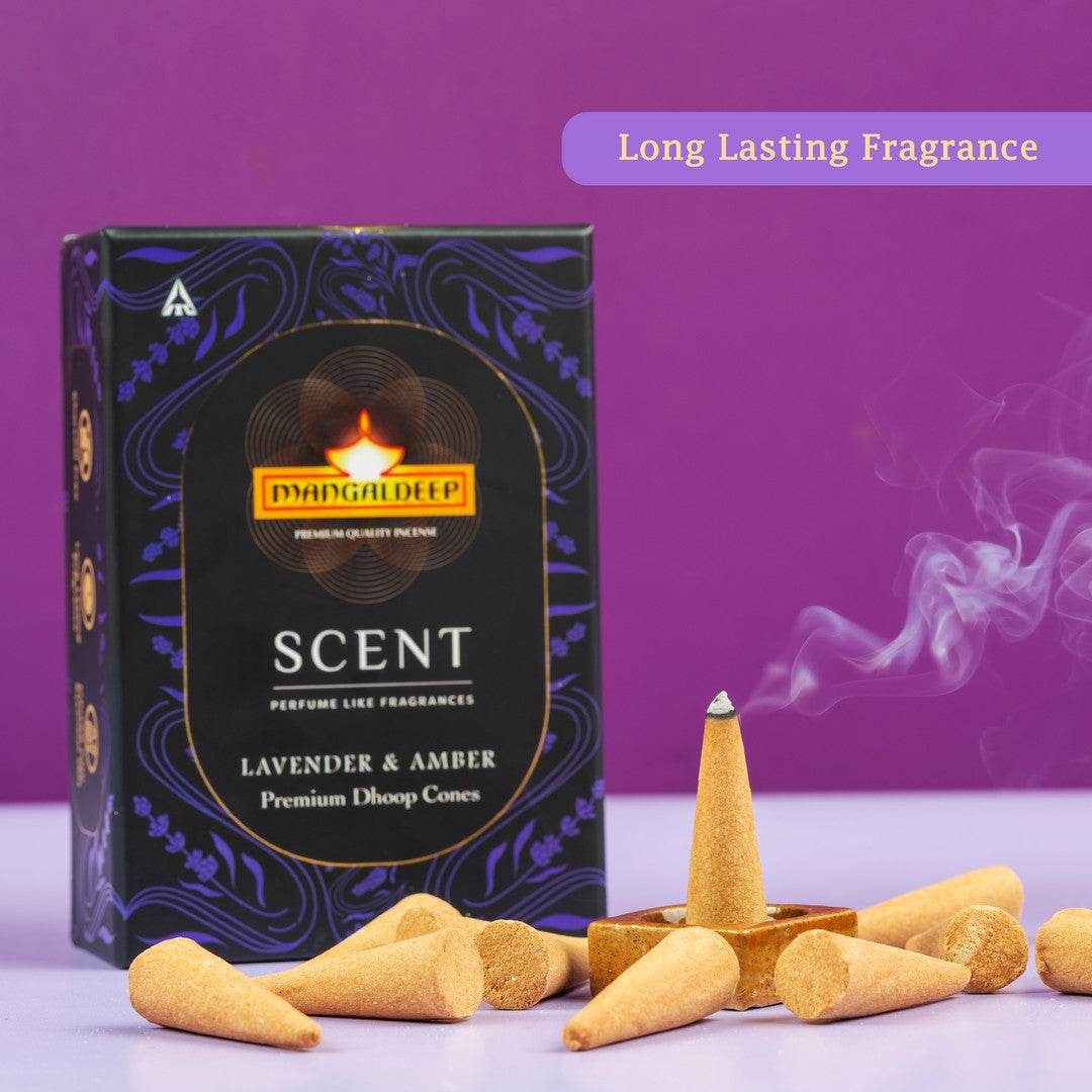 Mangaldeep Scent Premium Bambooless Dhoop Cones with Lavender and Amber fragrances 40 cones