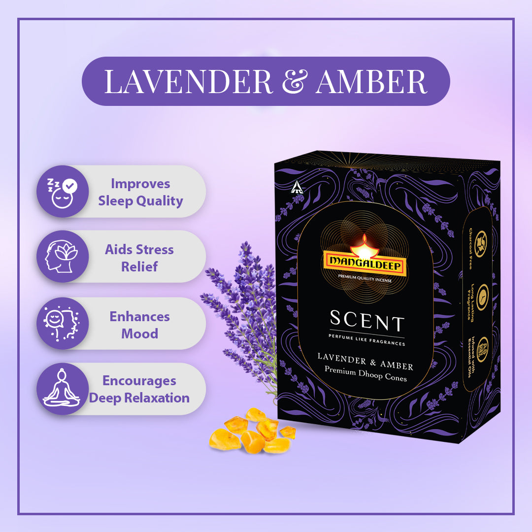 Mangaldeep Scent Premium Bambooless Dhoop Cones with Lavender and Amber fragrances 40 cones