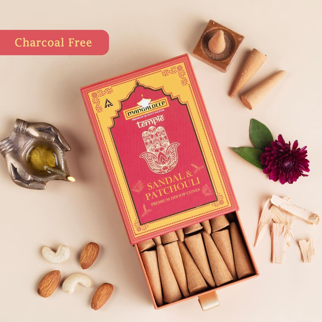 Mangaldeep Temple Premium Bambooless Dhoop Cones Sandal & Patchouli Ceramic Stand Inside Charcoal Free 40 Cones