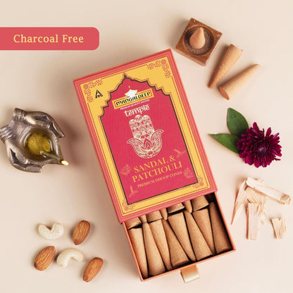 Mangaldeep Temple Premium Bambooless Dhoop Cones Sandal & Patchouli Ceramic Stand Inside Charcoal Free 40 Cones