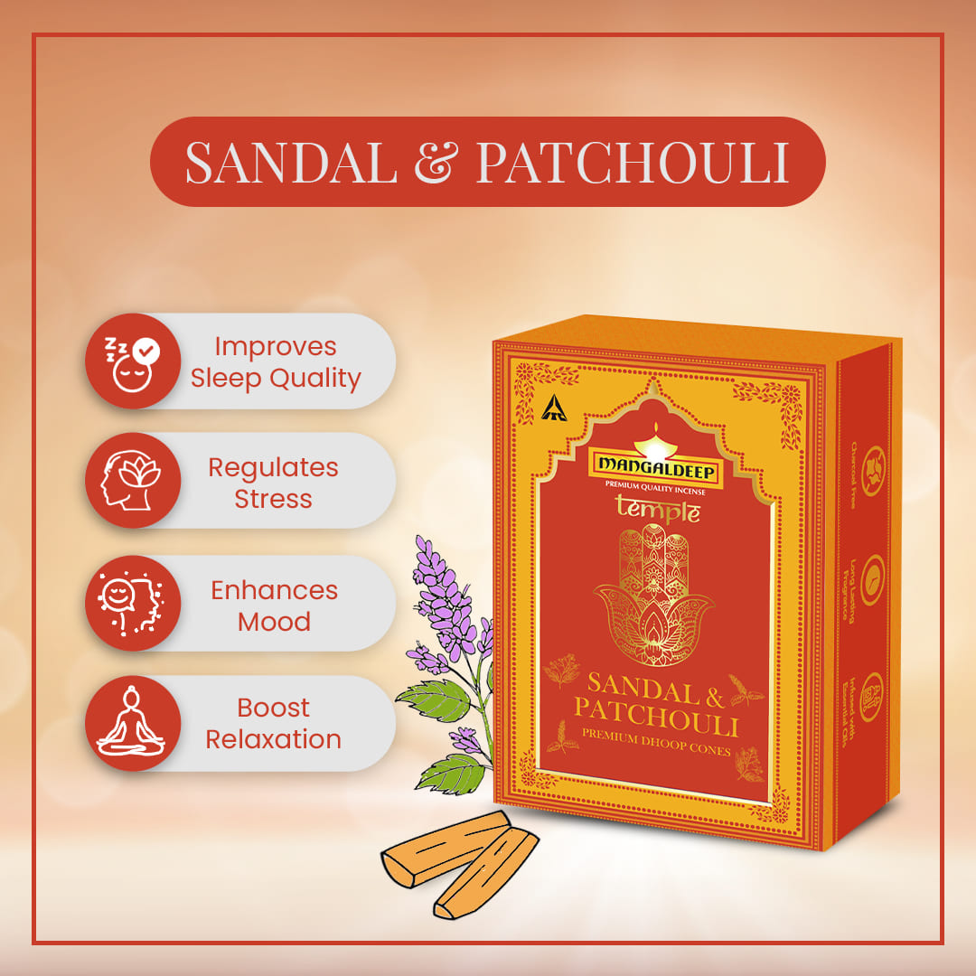 Mangaldeep Temple Premium Bambooless Dhoop Cones Sandal & Patchouli Ceramic Stand Inside Charcoal Free 40 Cones