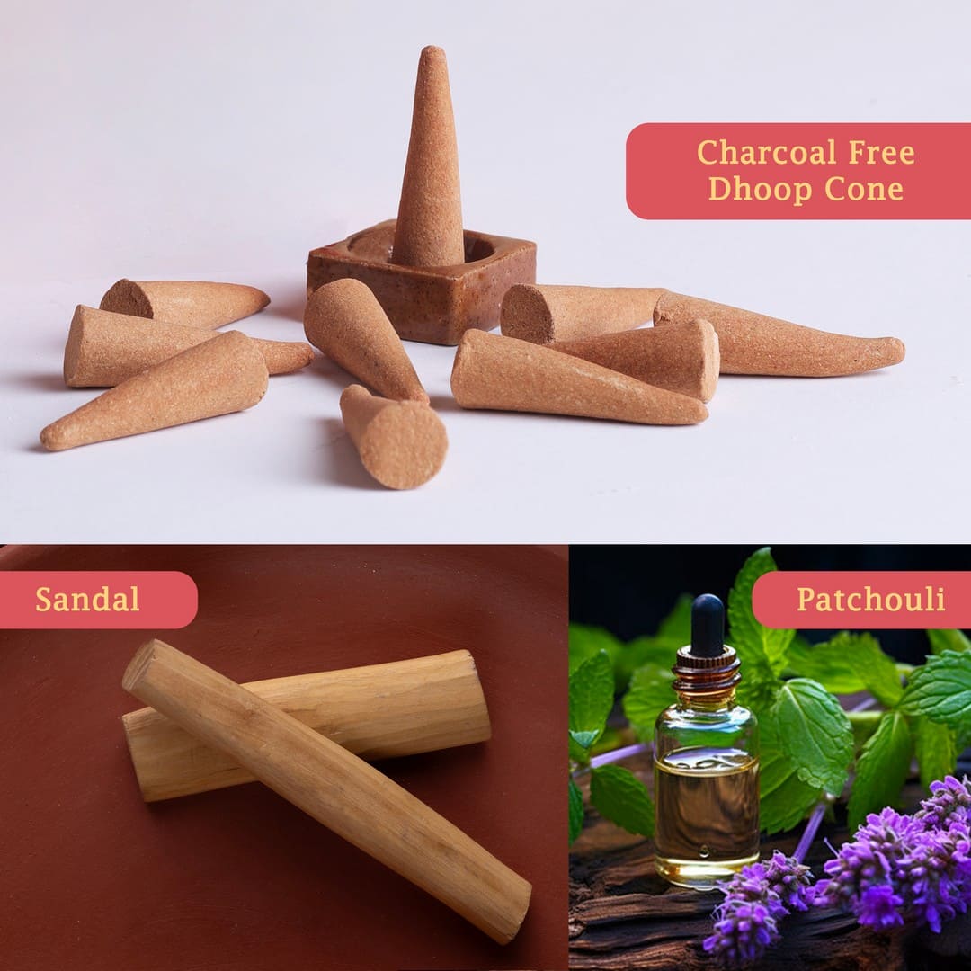 Mangaldeep Temple Premium Bambooless Dhoop Cones Sandal & Patchouli Ceramic Stand Inside Charcoal Free 40 Cones