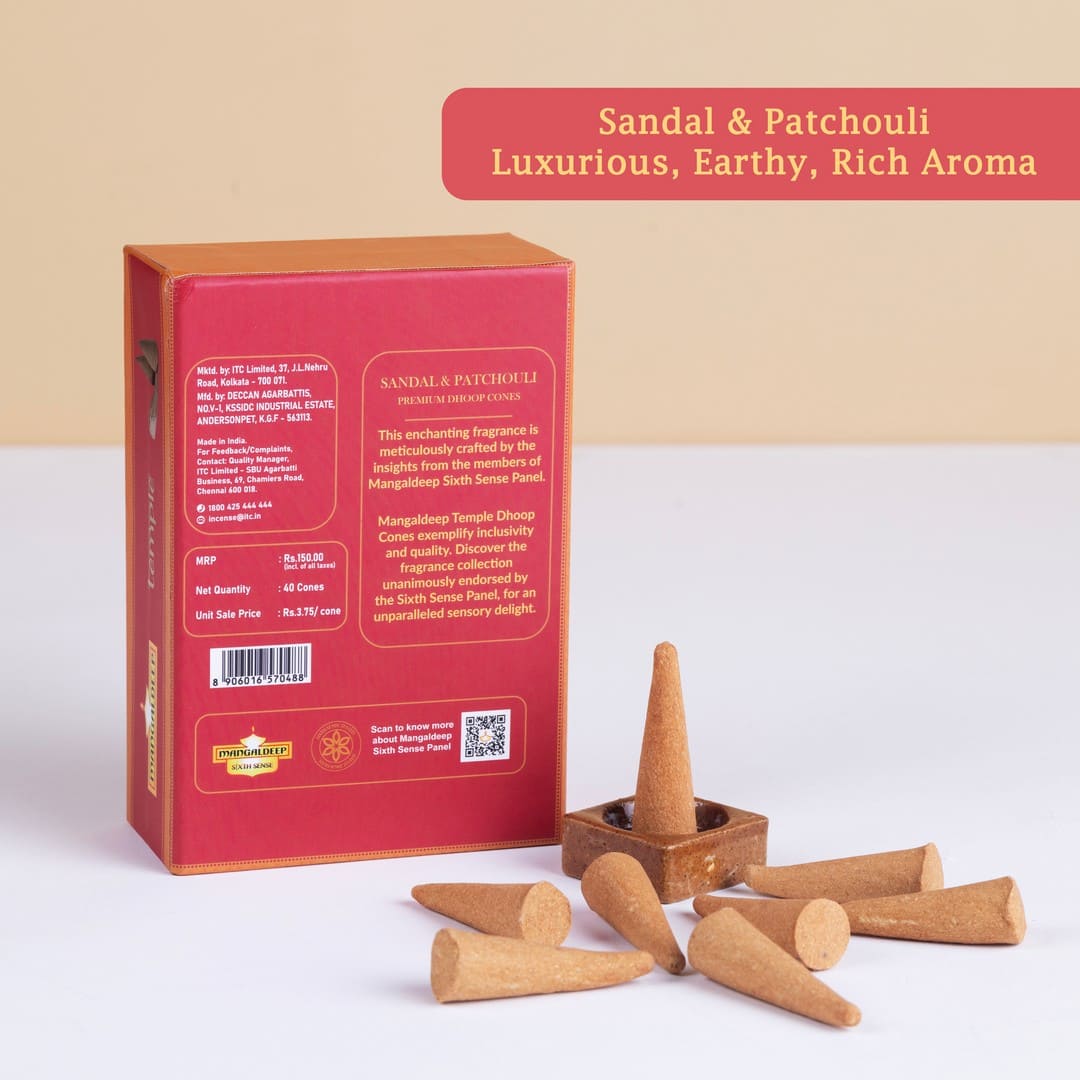 Mangaldeep Temple Premium Bambooless Dhoop Cones Sandal & Patchouli Ceramic Stand Inside Charcoal Free 40 Cones