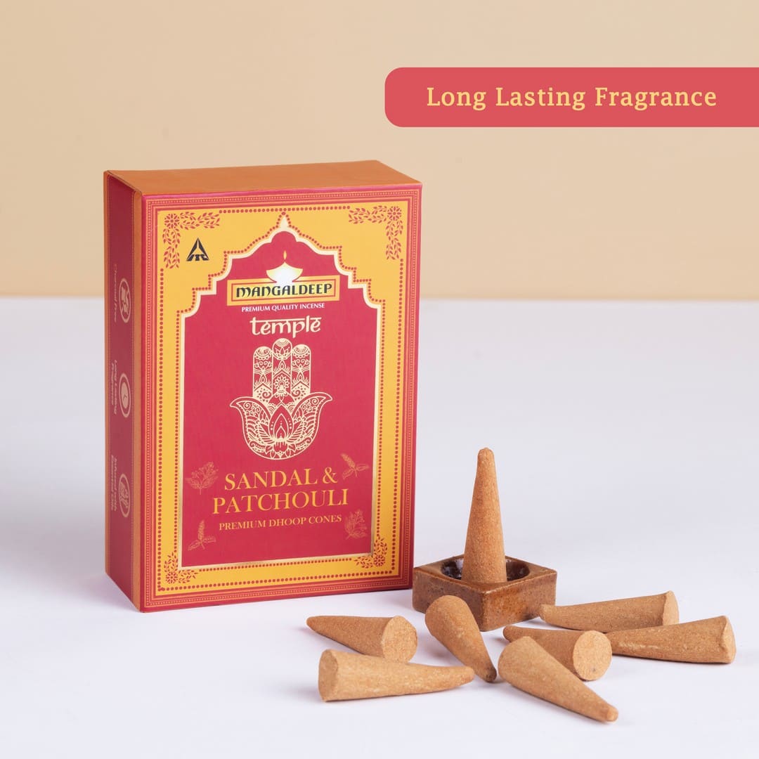 Mangaldeep Temple Premium Bambooless Dhoop Cones Sandal & Patchouli Ceramic Stand Inside Charcoal Free 40 Cones