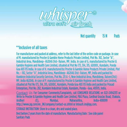 Whisper Ultra Soft Sanitary Pads Xl+ Wings 15 Pcs